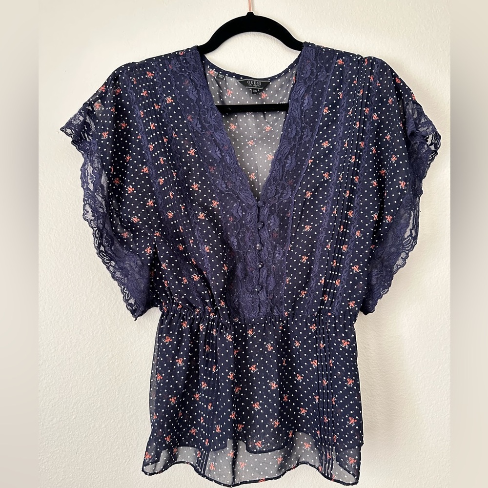 GUESS Sheer Floral Print Short Dropped Sleeve Blouse Top Shirt Size XS